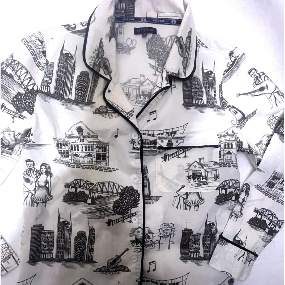 Katie Kime Nashville Toile Pajama Top XS Black White Music City Button Down